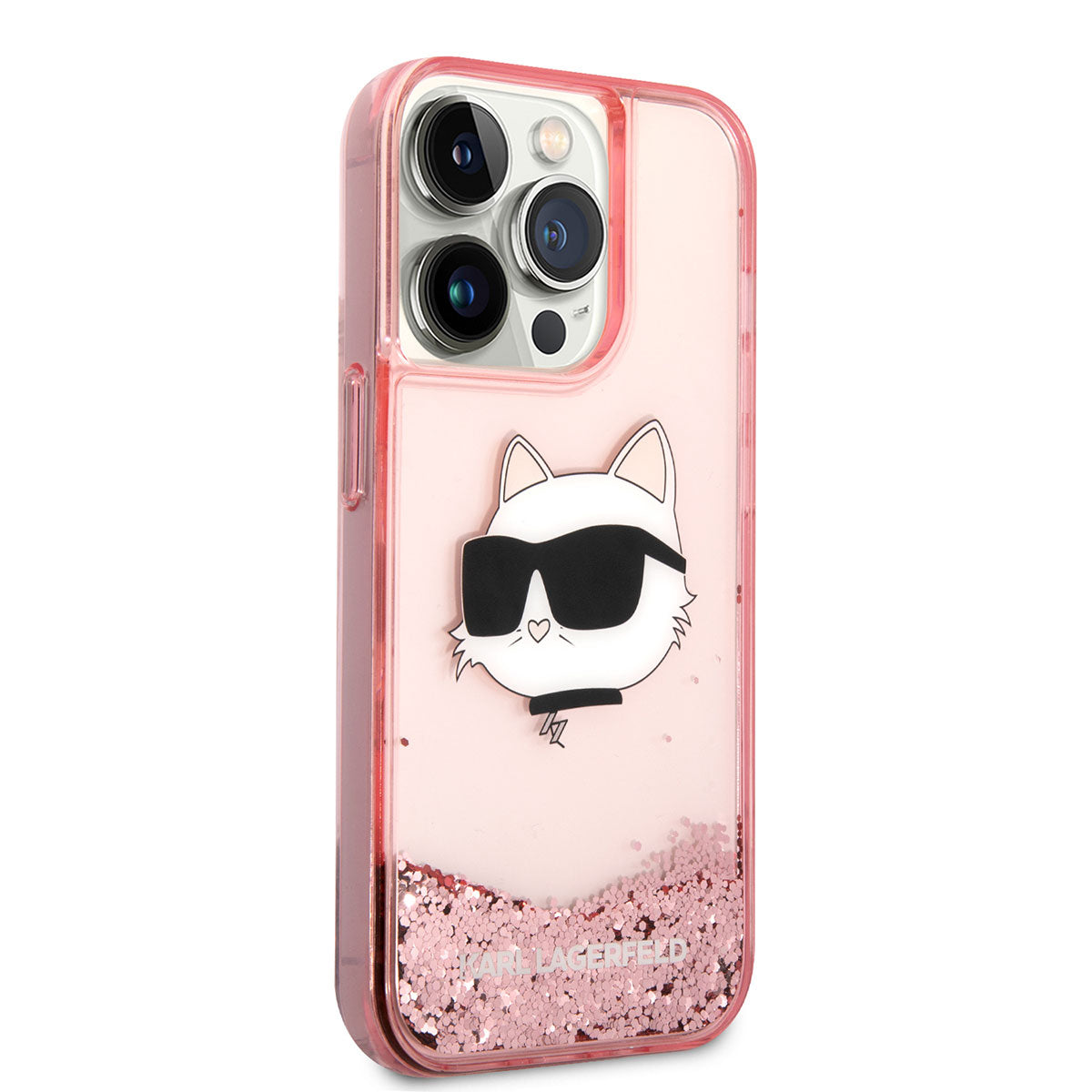 iPhone 14 Pro Max Kılıf Karl Lagerfeld Sıvılı Simli Choupette Head Dizayn Kılıf Pembe