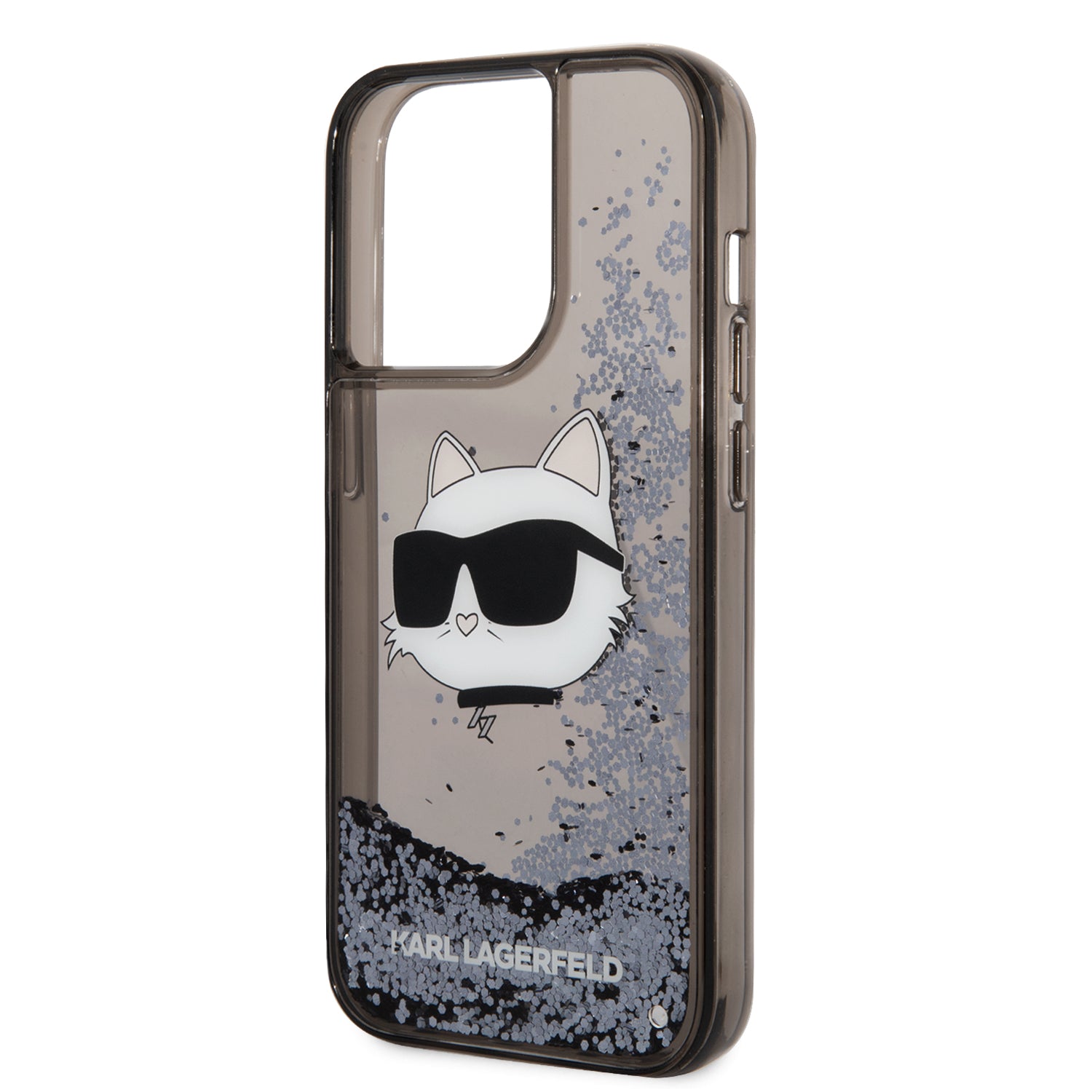 iPhone 14 Pro Max Kılıf Karl Lagerfeld Sıvılı Simli Choupette Head Dizayn Kılıf Gümüş