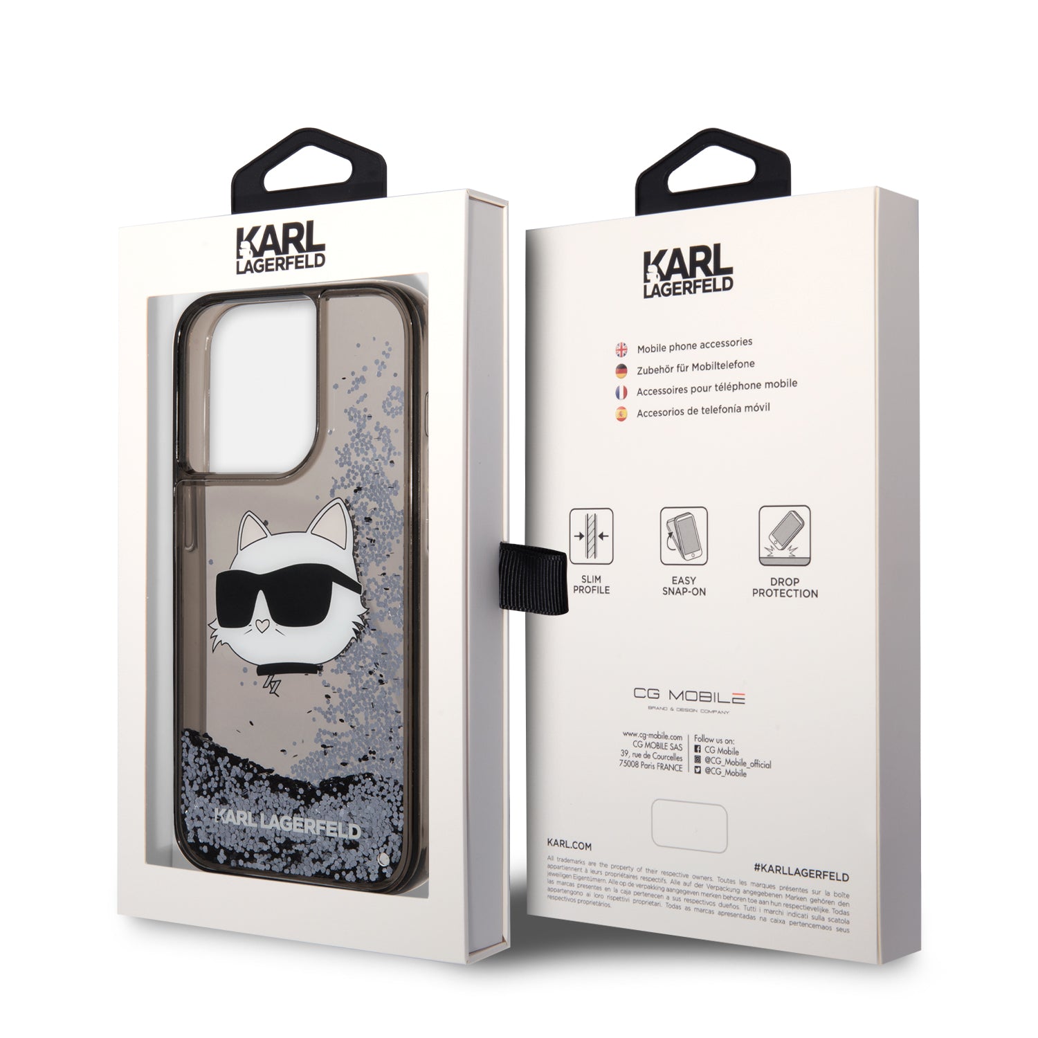 iPhone 14 Pro Max Kılıf Karl Lagerfeld Sıvılı Simli Choupette Head Dizayn Kılıf Gümüş
