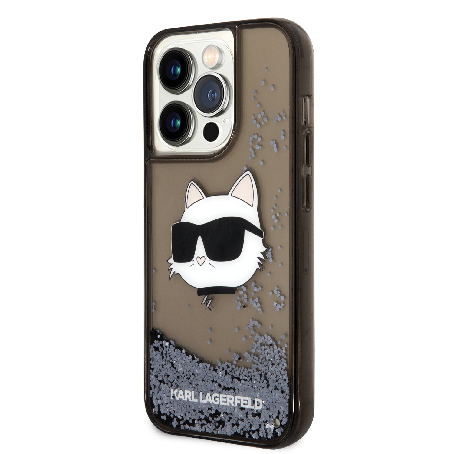 iPhone 14 Pro Max Kılıf Karl Lagerfeld Sıvılı Simli Choupette Head Dizayn Kılıf Gümüş