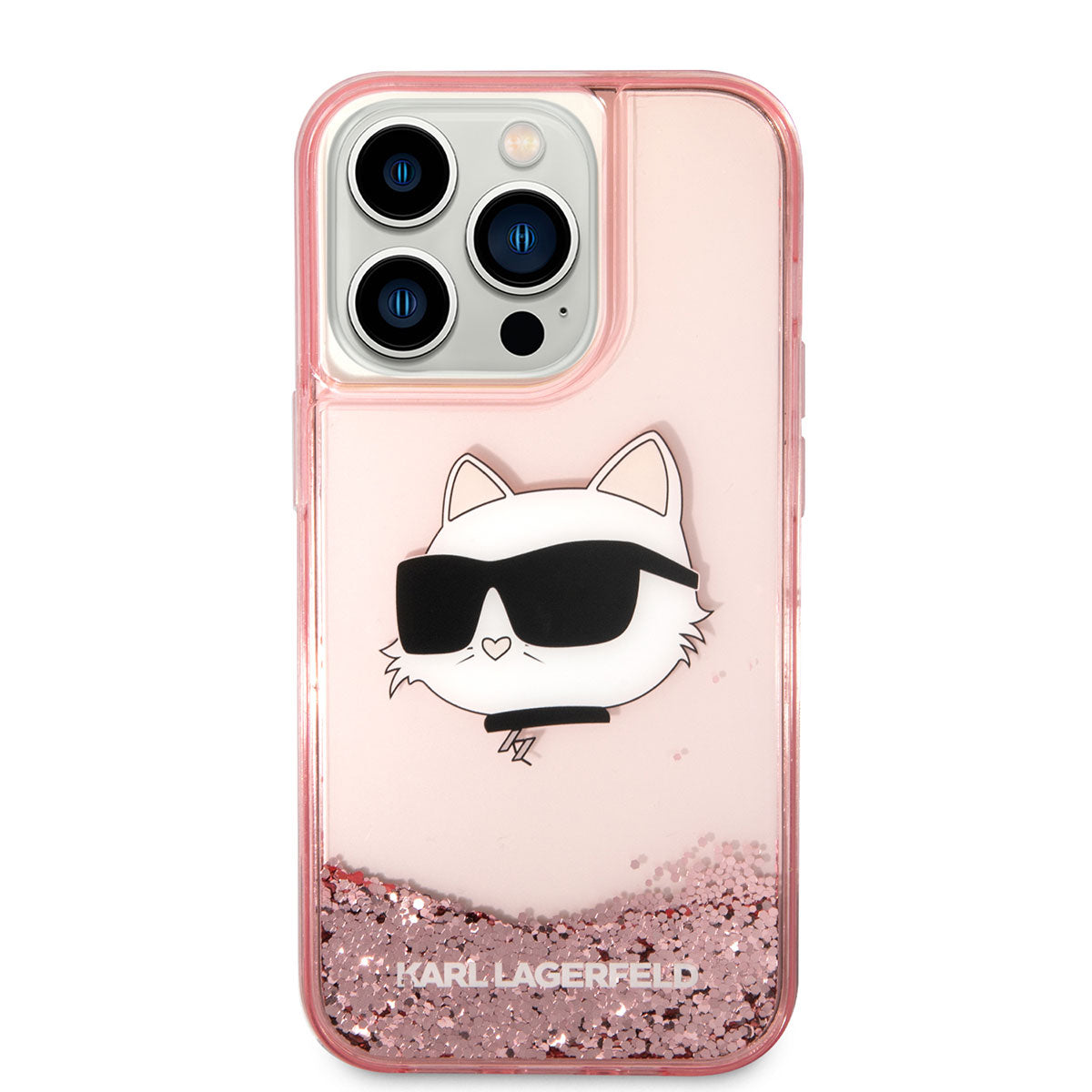 iPhone 14 Pro Max Kılıf Karl Lagerfeld Sıvılı Simli Choupette Head Dizayn Kılıf Gümüş