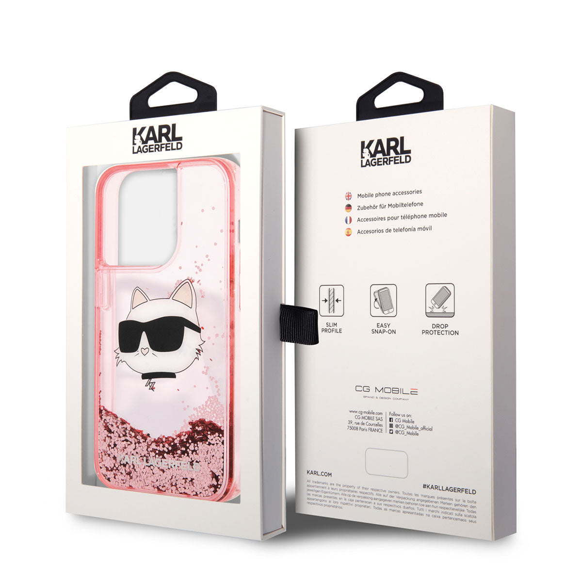 iPhone 14 Pro Max Kılıf Karl Lagerfeld Sıvılı Simli Choupette Head Dizayn Kılıf Pembe