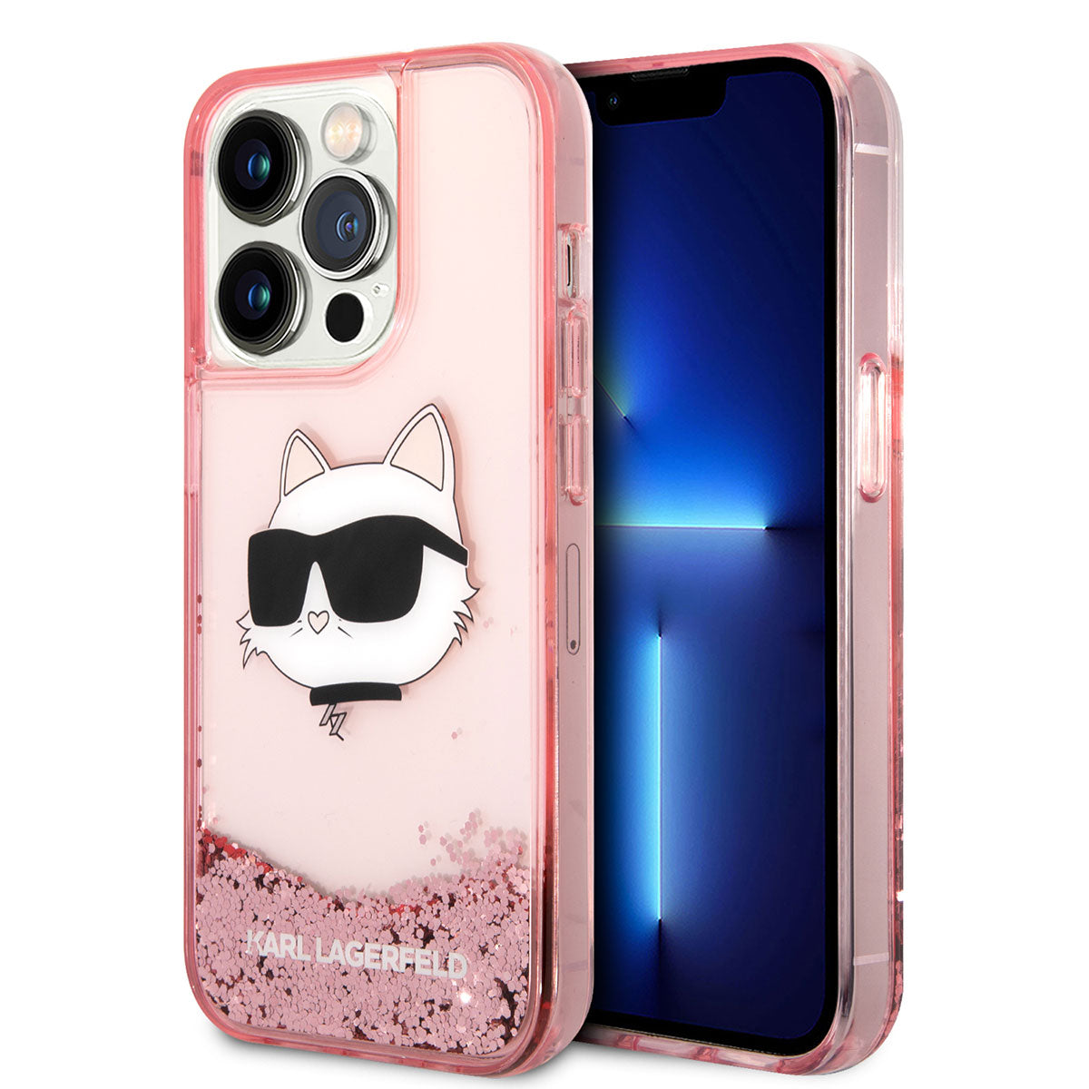 iPhone 14 Pro Max Kılıf Karl Lagerfeld Sıvılı Simli Choupette Head Dizayn Kılıf Pembe