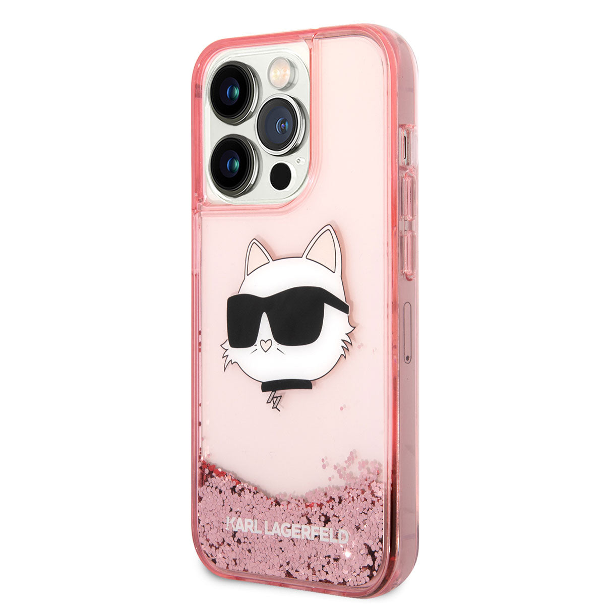 iPhone 14 Pro Max Kılıf Karl Lagerfeld Sıvılı Simli Choupette Head Dizayn Kılıf Pembe