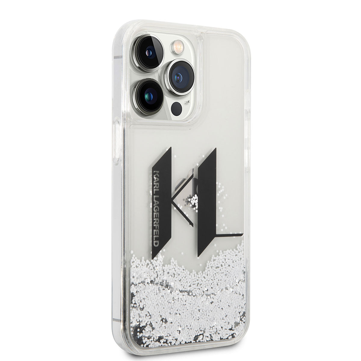 iPhone 14 Pro Max Kılıf Karl Lagerfeld Sıvılı Simli Dizayn Kılıf Gümüş