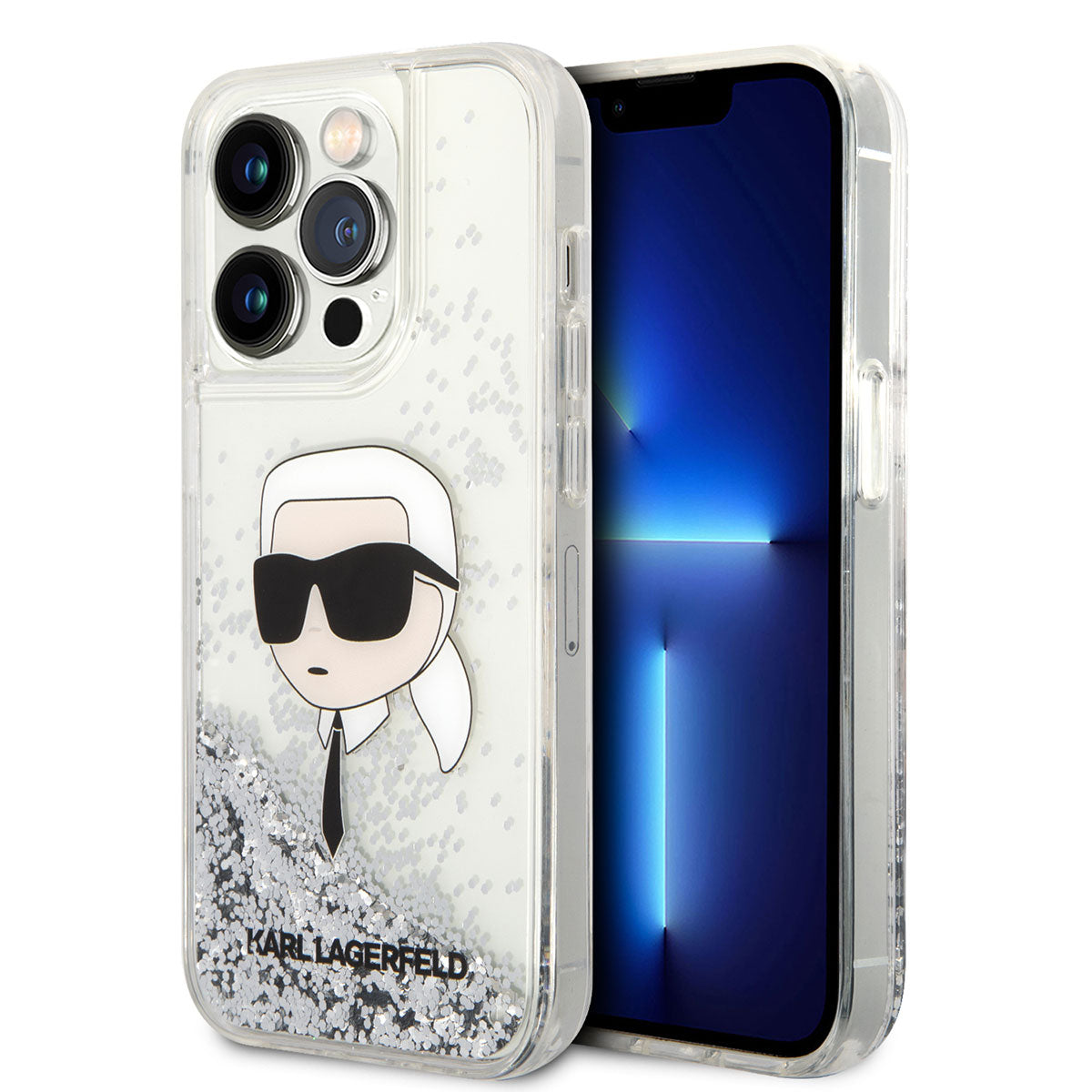 iPhone 14 Pro Max Kılıf Karl Lagerfeld Sıvılı Simli Karl Head Dizayn Kılıf Pembe