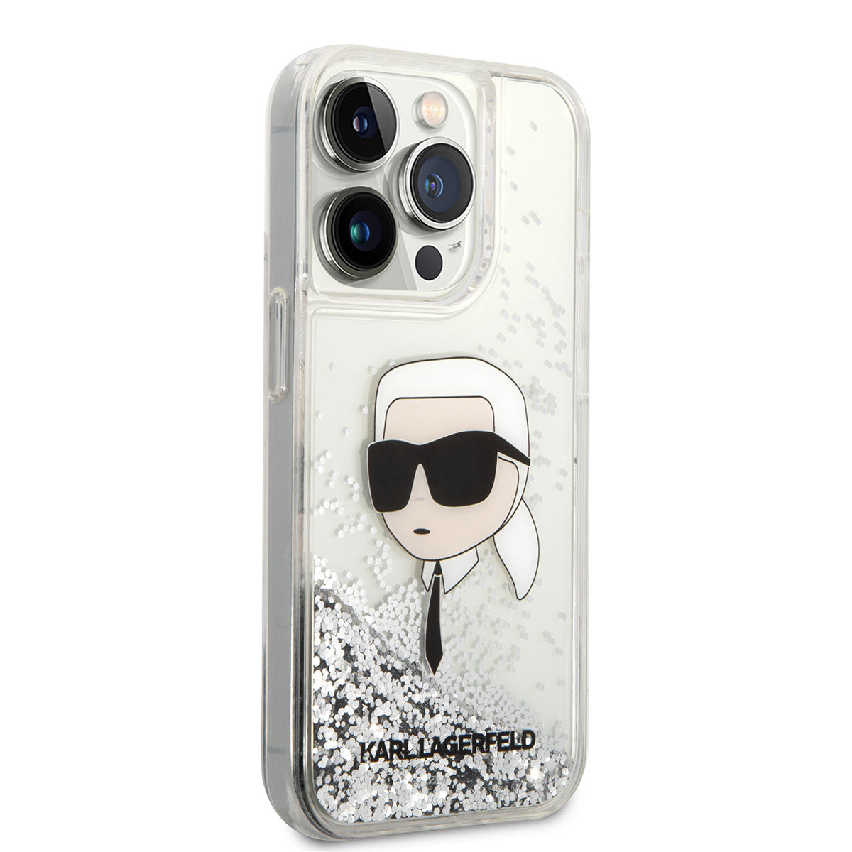 iPhone 14 Pro Max Kılıf Karl Lagerfeld Sıvılı Simli Karl Head Dizayn Kılıf Gümüş