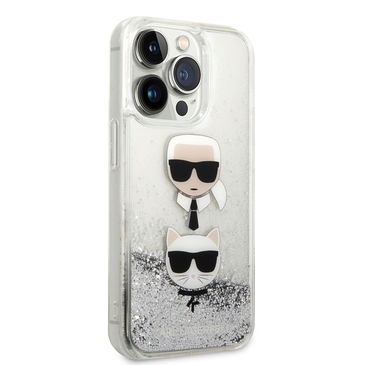 iPhone 14 Pro Max Kılıf Karl Lagerfeld Sıvılı Simli K&C Head Dizayn Kılıf Gümüş