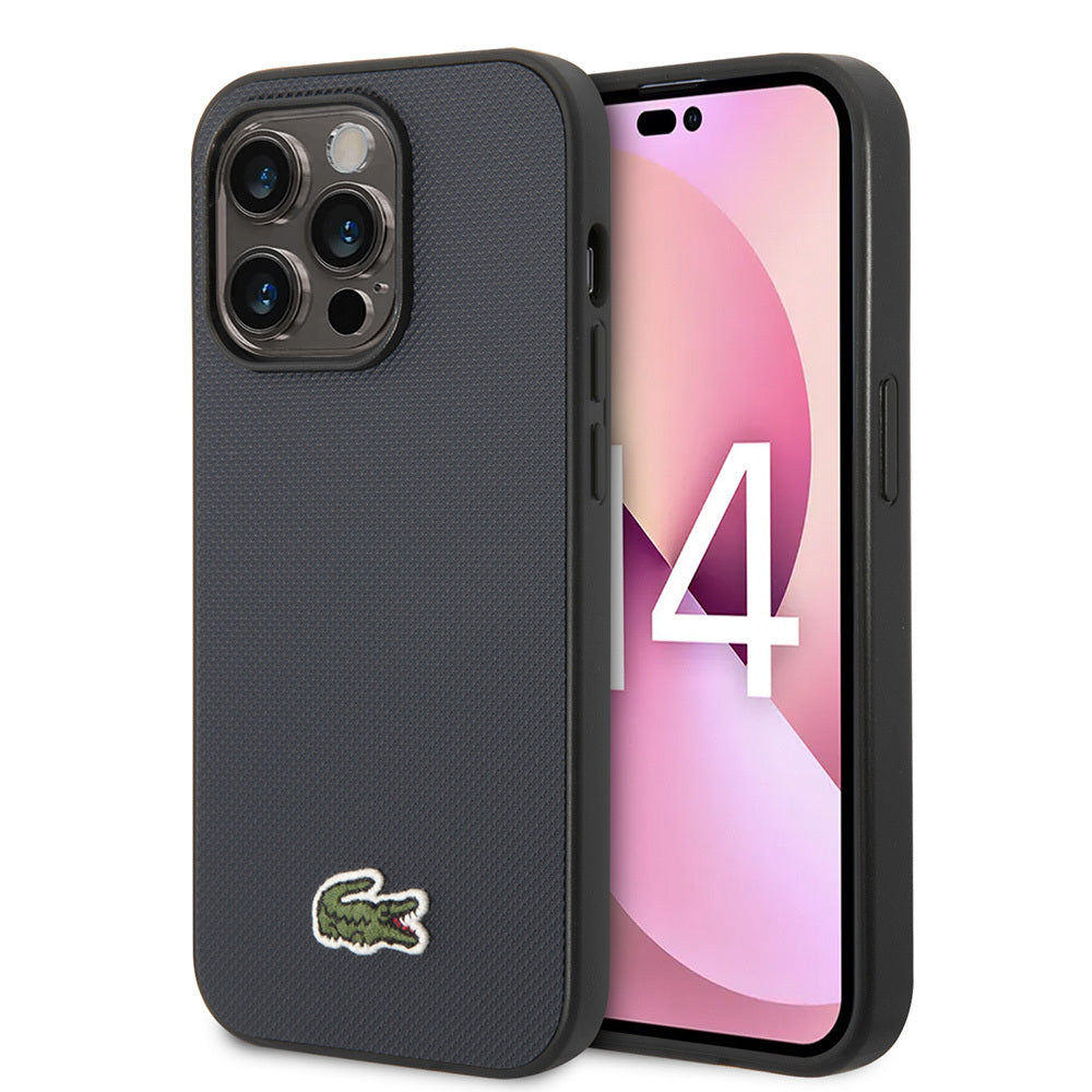 Apple iPhone 14 Pro Max Kılıf Lacoste Orjinal Lisanslı PU Pike Desenli Arka Yüzey İkonik Timsah Dokuma Logolu Kapak Lacivert