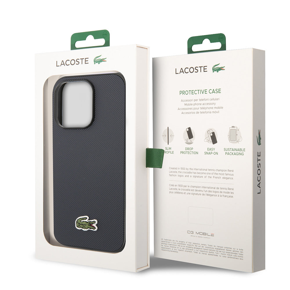 Apple iPhone 14 Pro Max Kılıf Lacoste Orjinal Lisanslı PU Pike Desenli Arka Yüzey İkonik Timsah Dokuma Logolu Kapak Lacivert