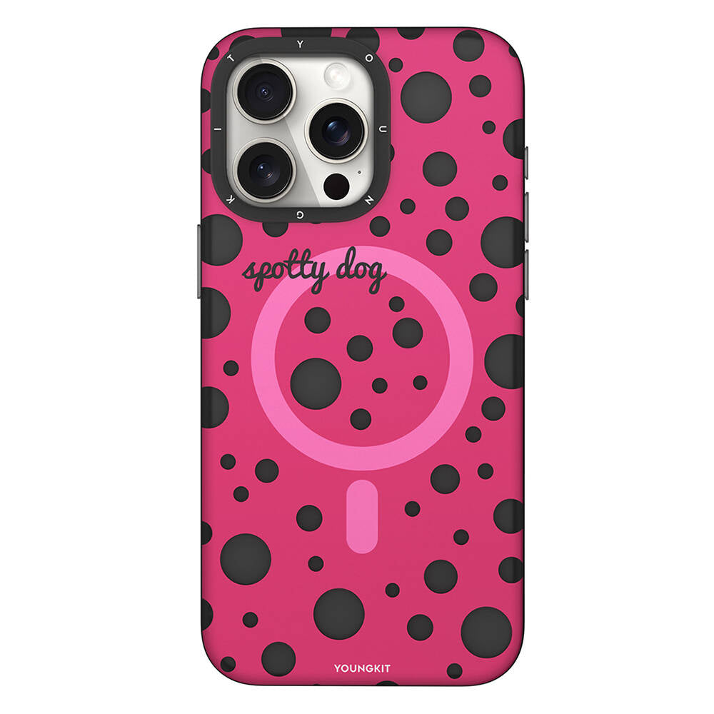 iPhone 14 Pro Max Kılıf Magsafe Şarj Özellikli Polka Dot Desenli Youngkit Spots Serisi Kılıf Pembe