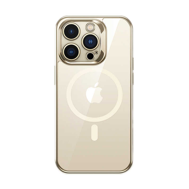 iPhone 14 Pro Max Kılıf Magsafe Şarj Özellikli Premium Cam Arka Yüzey Benks Electroplated Kılıf Gold