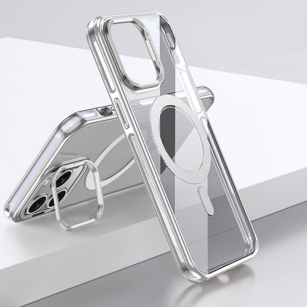 iPhone 14 Pro Max Kılıf Magsafe Şarj Özellikli Wlons Standlı Efsane Kılıf Gümüş
