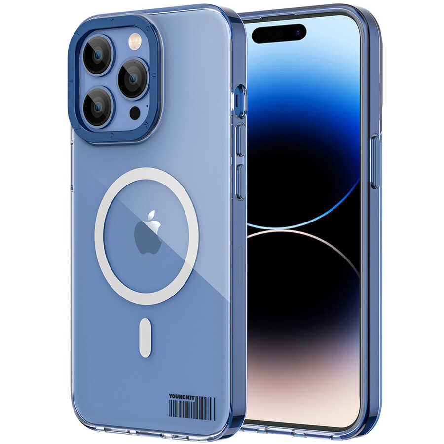 iPhone 14 Pro Max Kılıf Magsafe Şarj Özellikli Youngkit Coloured Glaze Serisi Kılıf Mavi