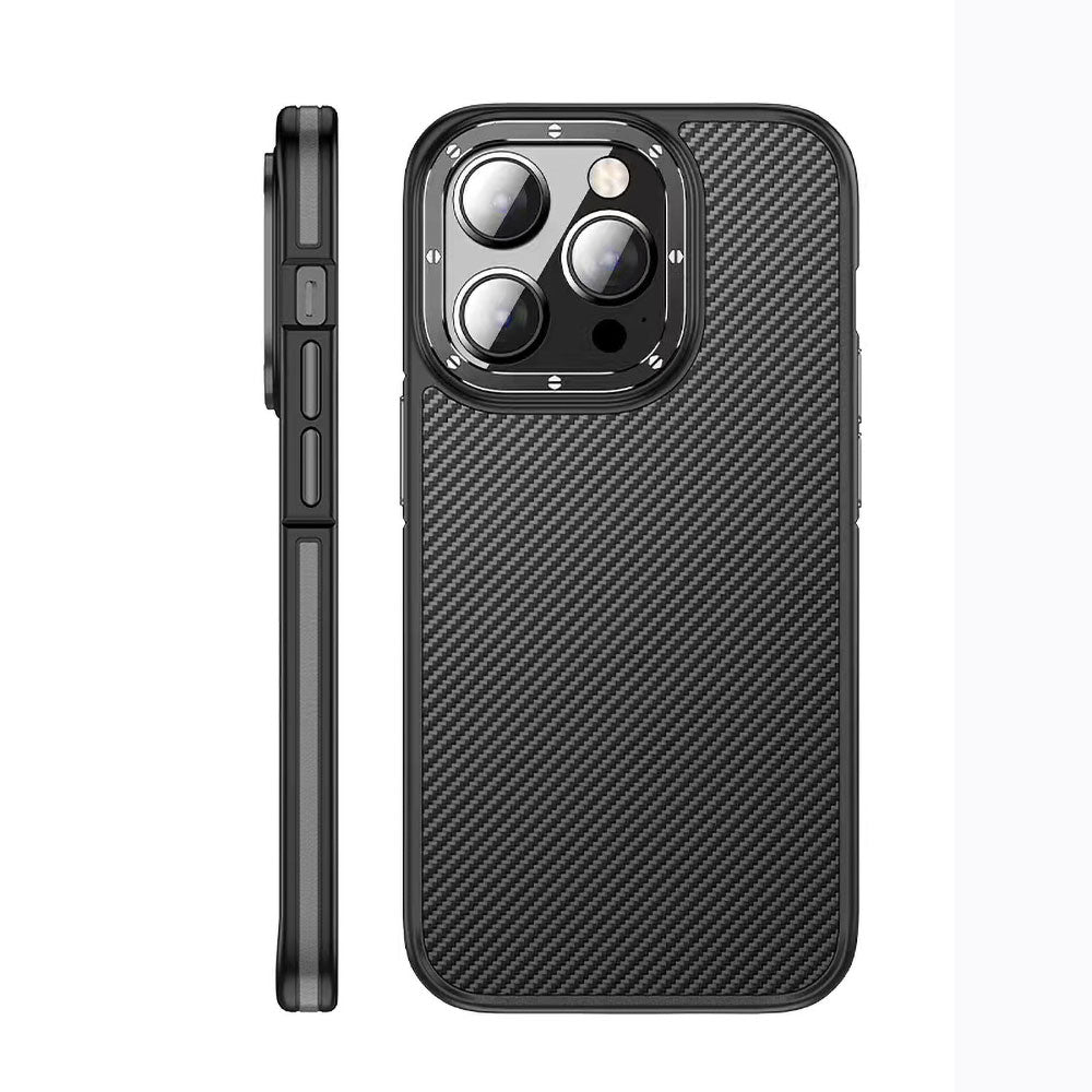 iPhone 14 Pro Max Kılıf Mat Transparan Karbon Fiber Görünümlü Wlons Marin Kılıf Siyah