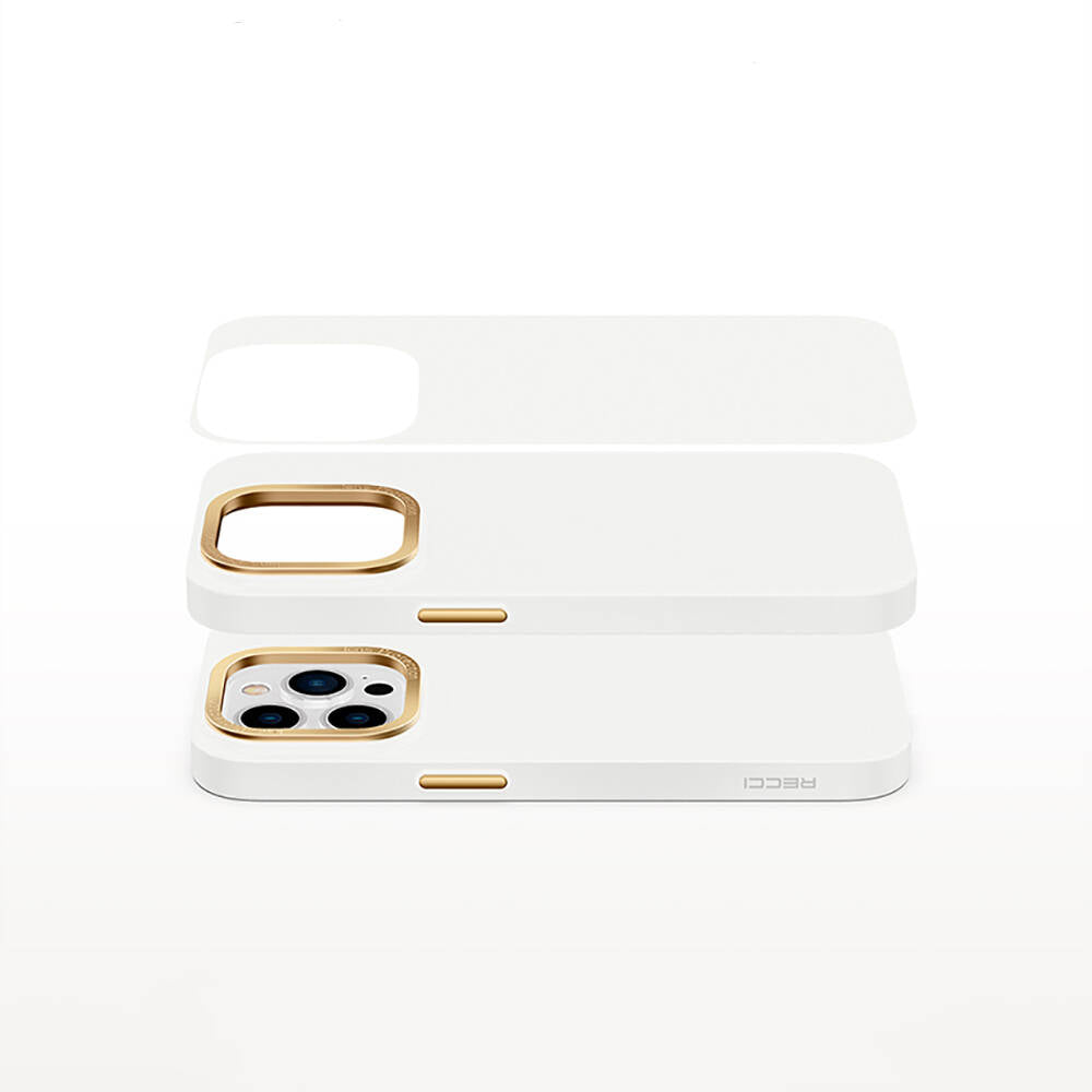 iPhone 14 Pro Max Kılıf Metal Kamera Çerçeveli Recci Glaze Serisi Kılıf Beyaz