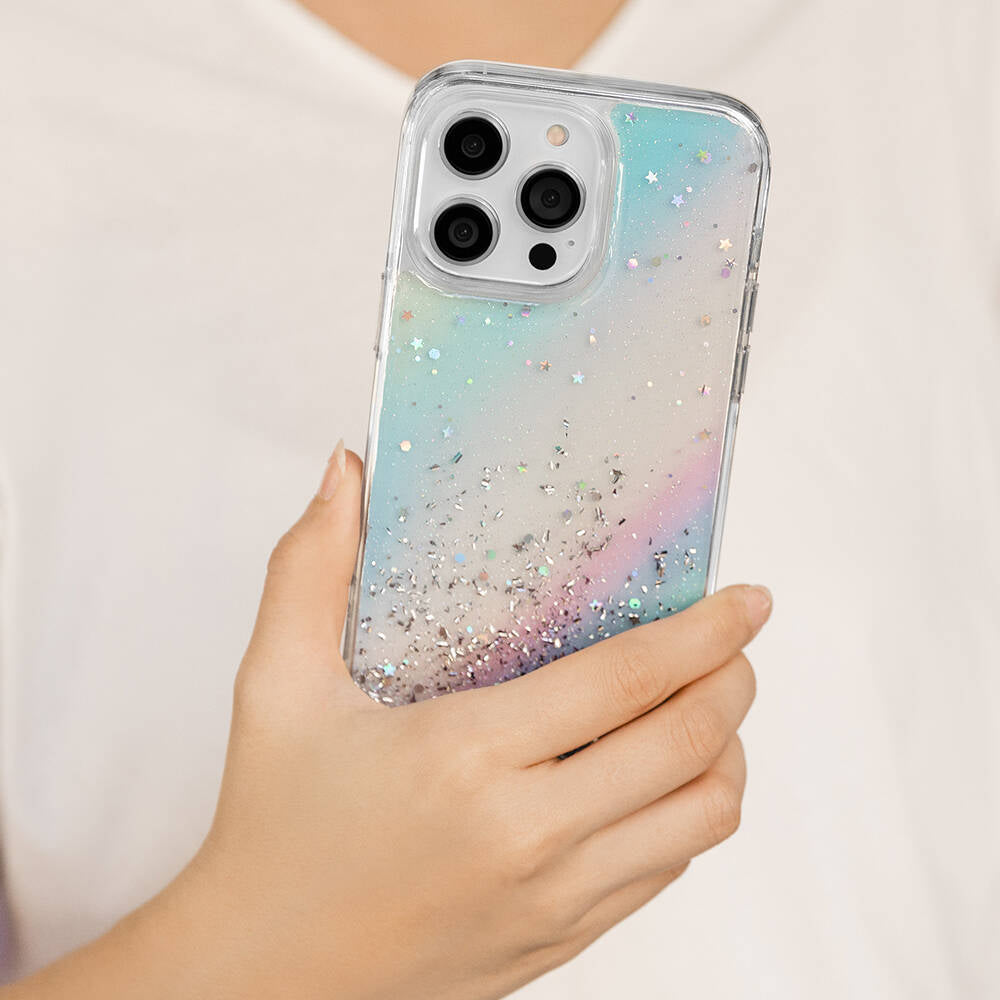 iPhone 14 Pro Max Kılıf Parlayan Simli Şeffaf Lisanslı Switcheasy Starfield Kılıf Mavi