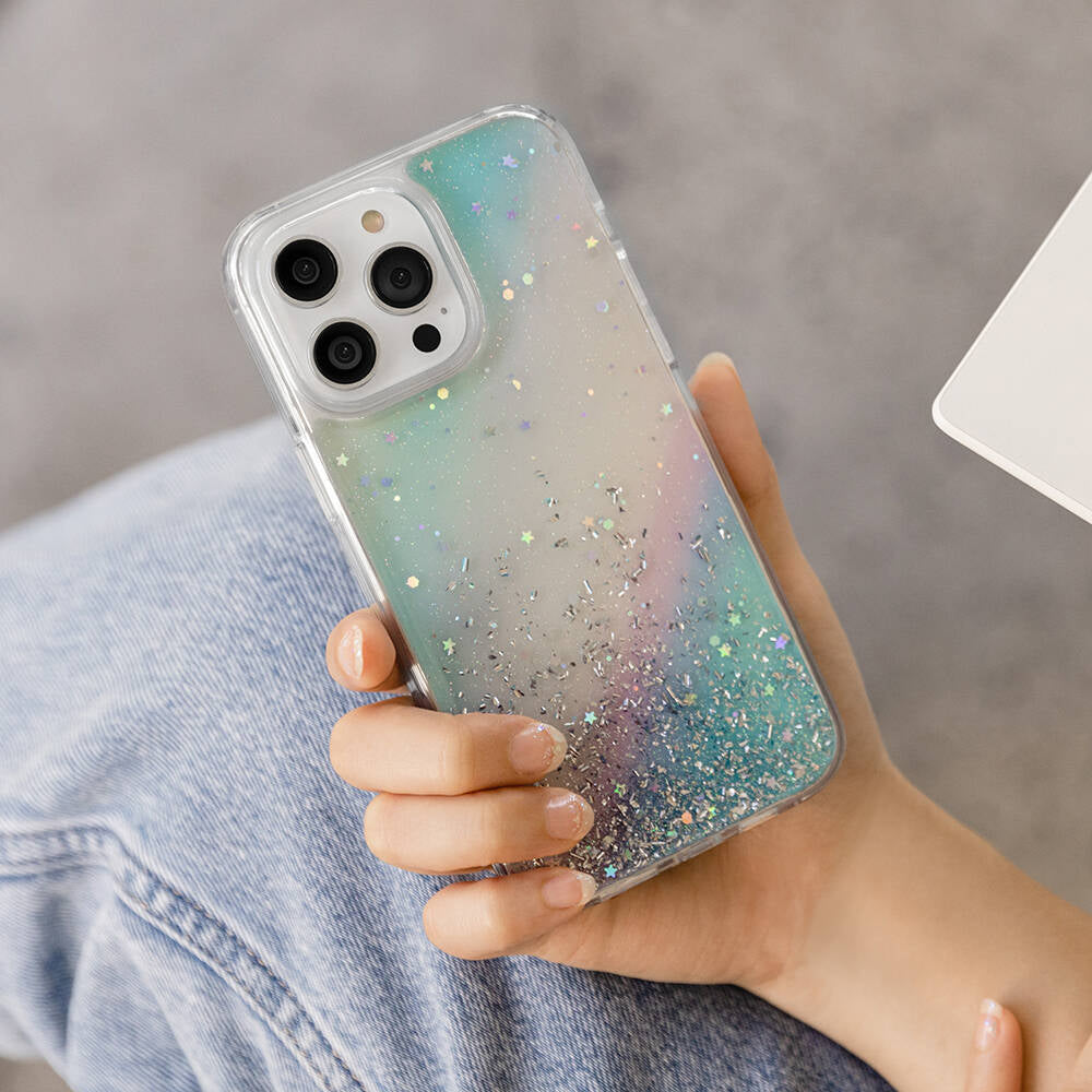 iPhone 14 Pro Max Kılıf Parlayan Simli Şeffaf Lisanslı Switcheasy Starfield Kılıf Mor