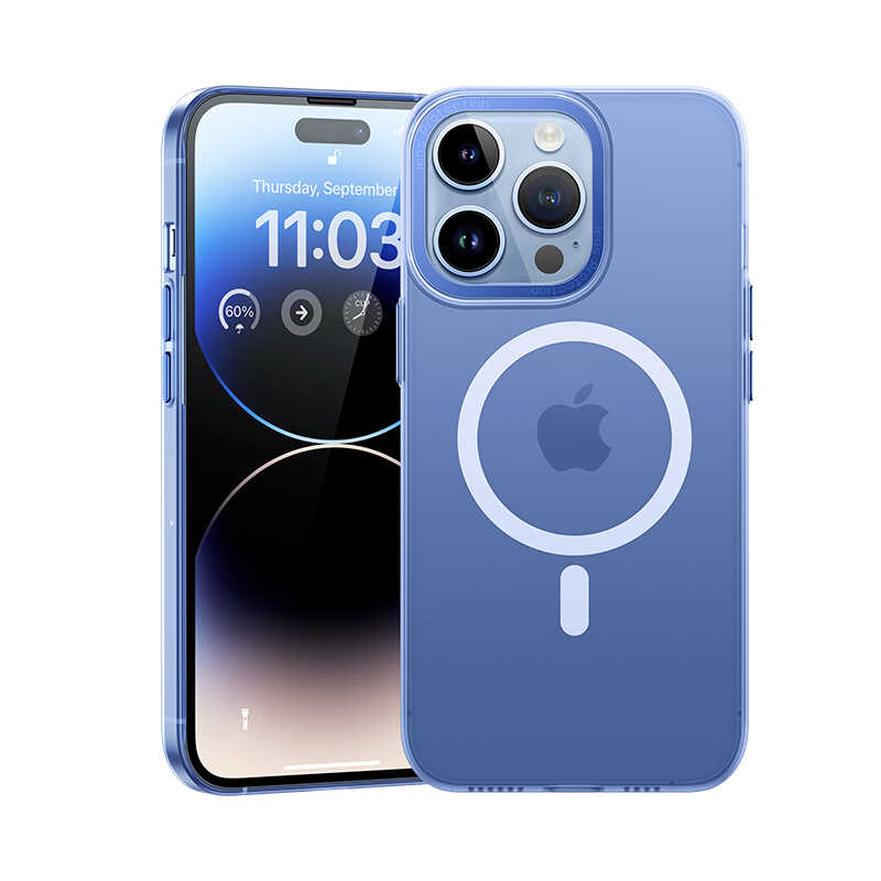iPhone 14 Pro Max Kılıf Wireless Şarj Destekli Benks Magnetik Haze Kılıf Mavi