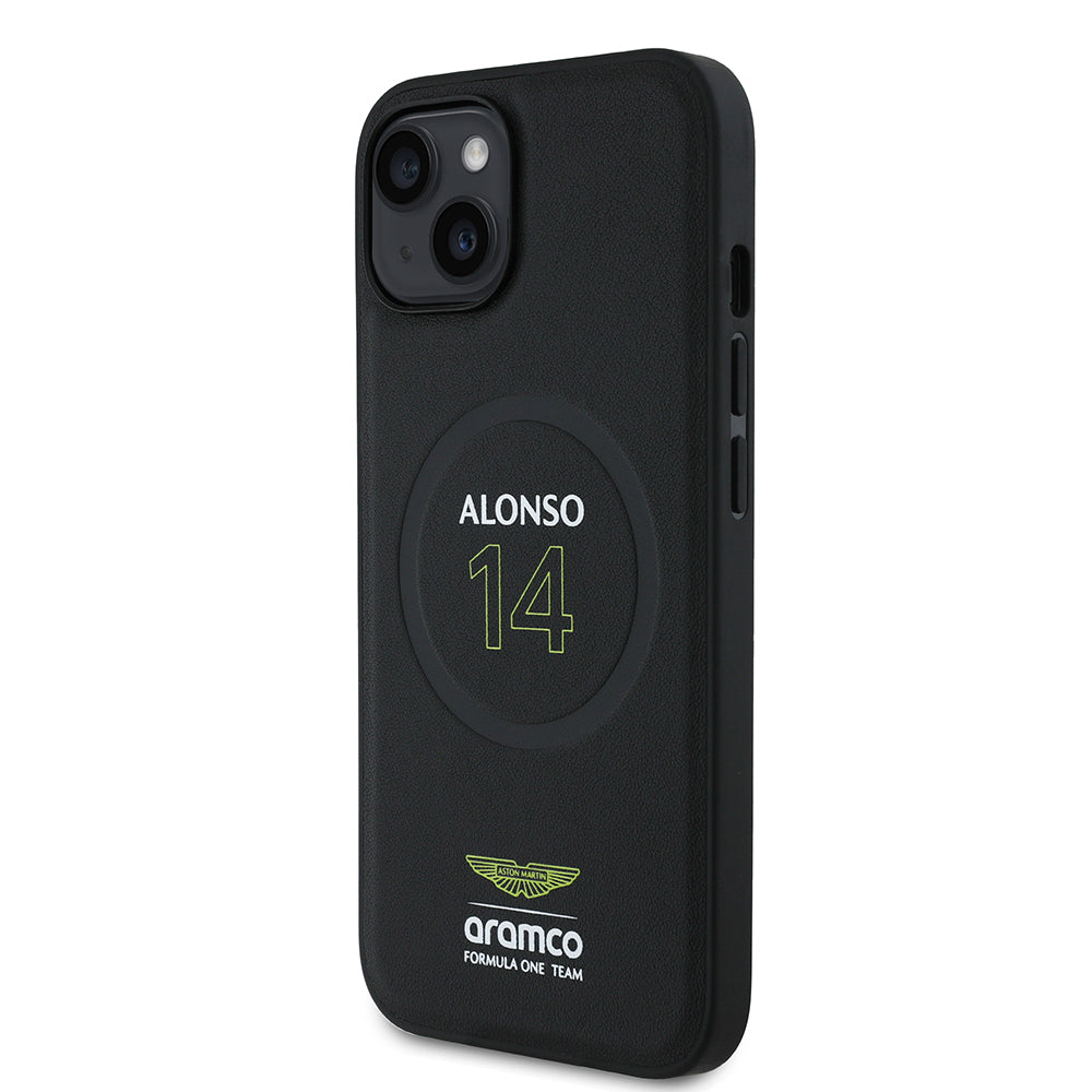 Apple iPhone 15 Kılıf Aston Martin Orjinal Lisanslı M-safe Şarj Özellikli PU Deri Alonso 14 Baskılı Kapak Siyah