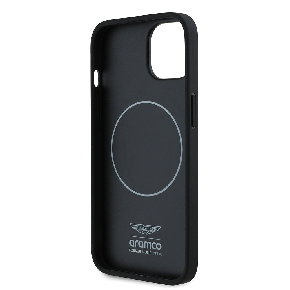 Apple iPhone 15 Kılıf Aston Martin Orjinal Lisanslı M-safe Şarj Özellikli Renkli Halka ve Karbon Fiber Tasarımlı Kapak Siyah-Yeşil