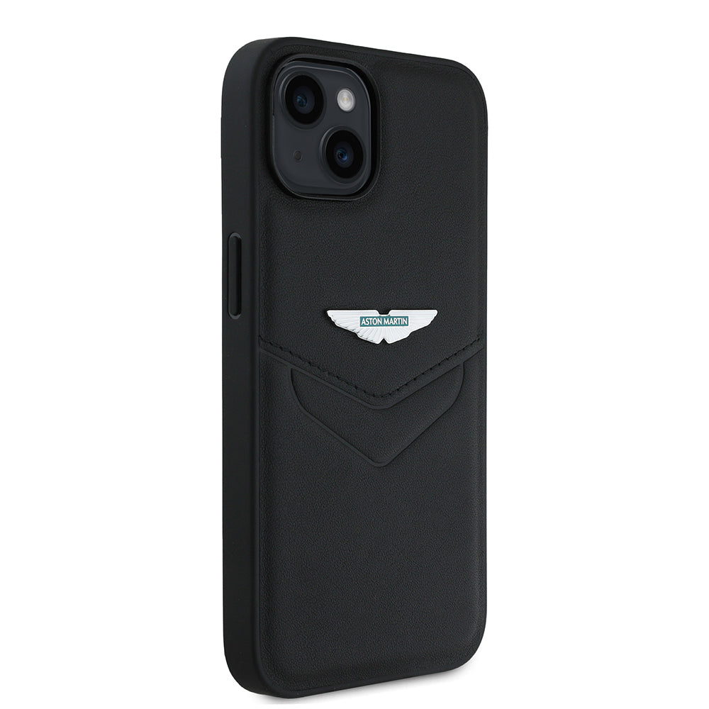 Apple iPhone 15 Kılıf Aston Martin Orjinal Lisanslı Victory Dizayn PU Deri Metal Logolu Kapak Siyah