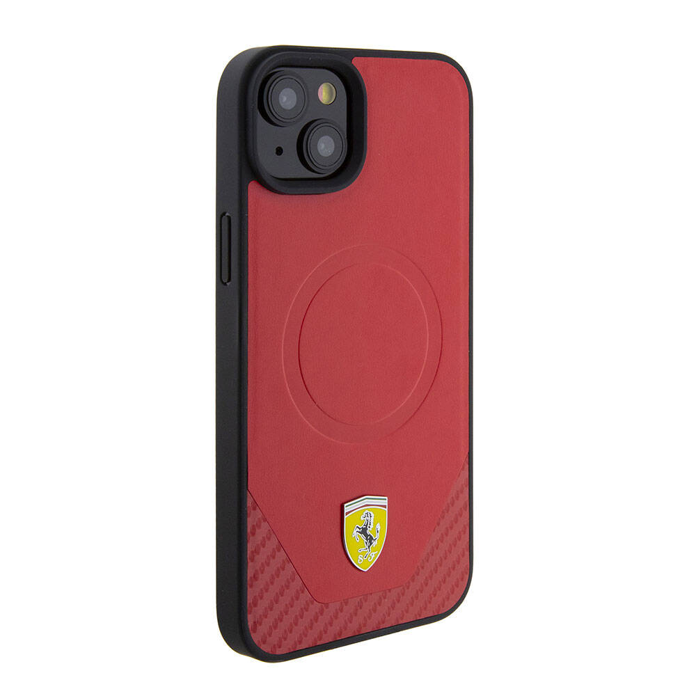 iPhone 15 Kılıf Ferrari Orjinal Lisanslı Magsafe Şarj Özellikli Metal Logolu PU Karbon Kılıf Siyah