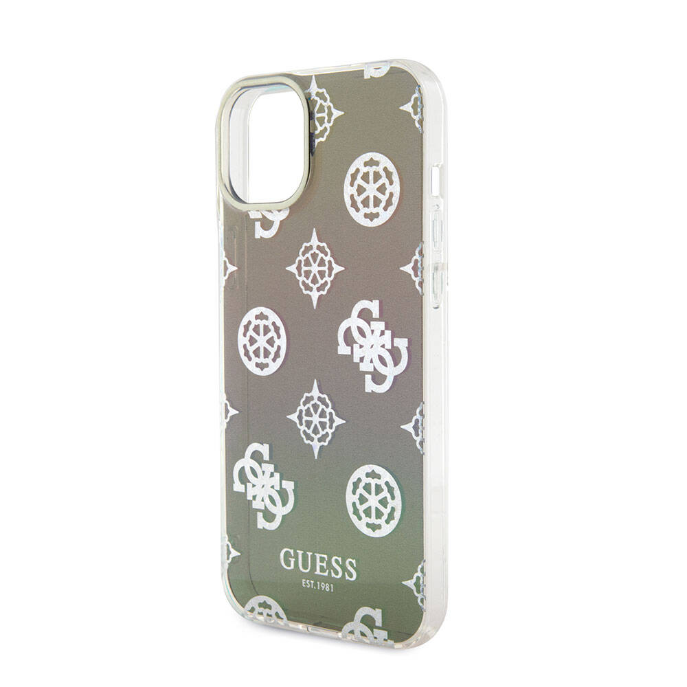 Apple iPhone 15 Kılıf Guess Orjinal Lisanslı Desenli Yazı Logolu Askı İpli Holografik Glitter Peony Kapak Pembe
