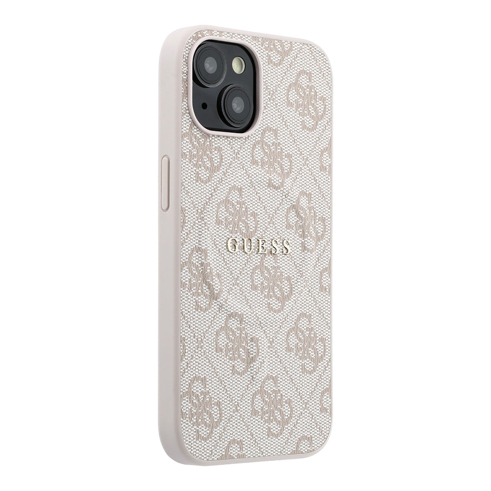 Apple iPhone 15 Kılıf Guess Orjinal Lisanslı M-safe Kabartmalı 4G Desenli Yazı Logolu Kapak Pembe
