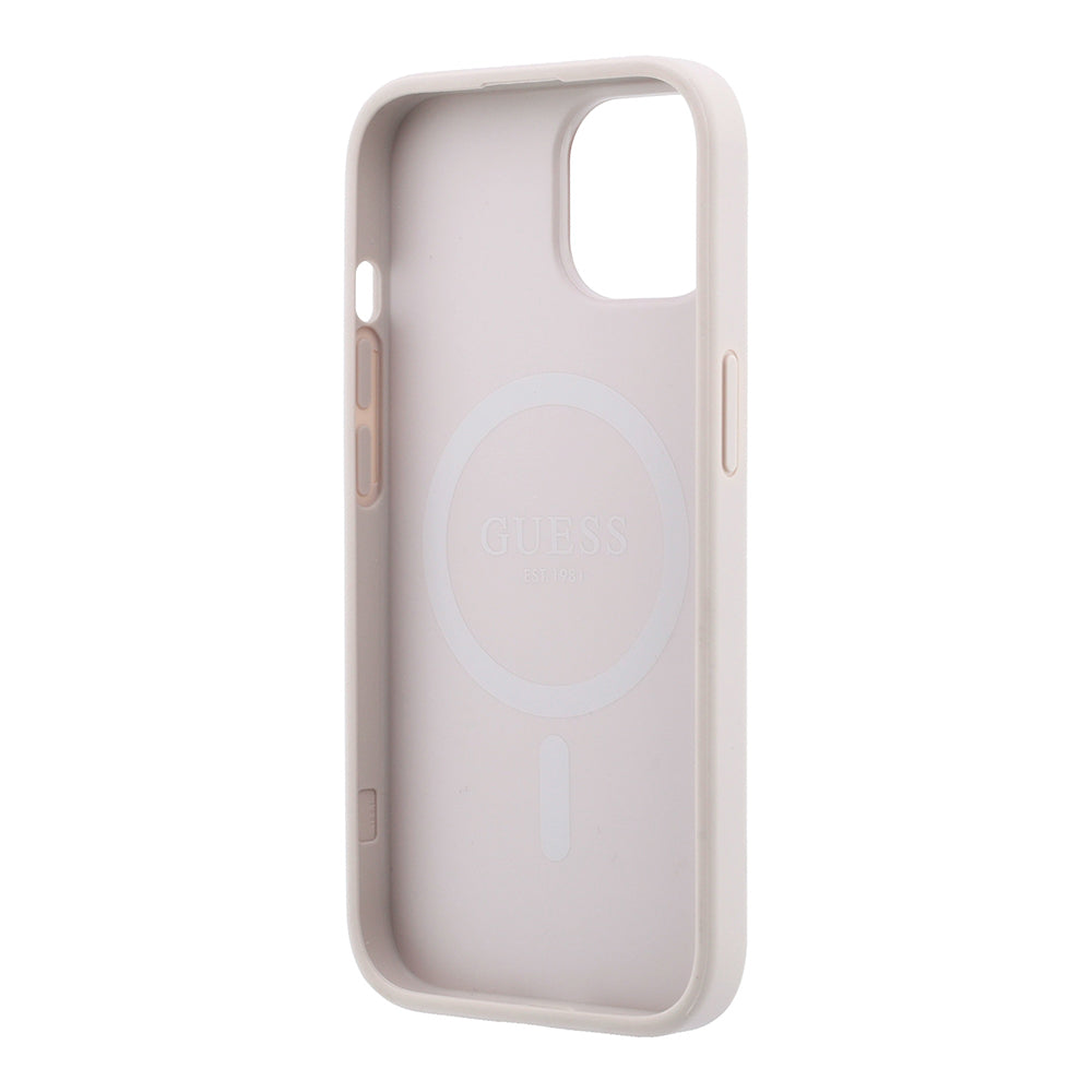 Apple iPhone 15 Kılıf Guess Orjinal Lisanslı M-safe Kabartmalı 4G Desenli Yazı Logolu Kapak Pembe