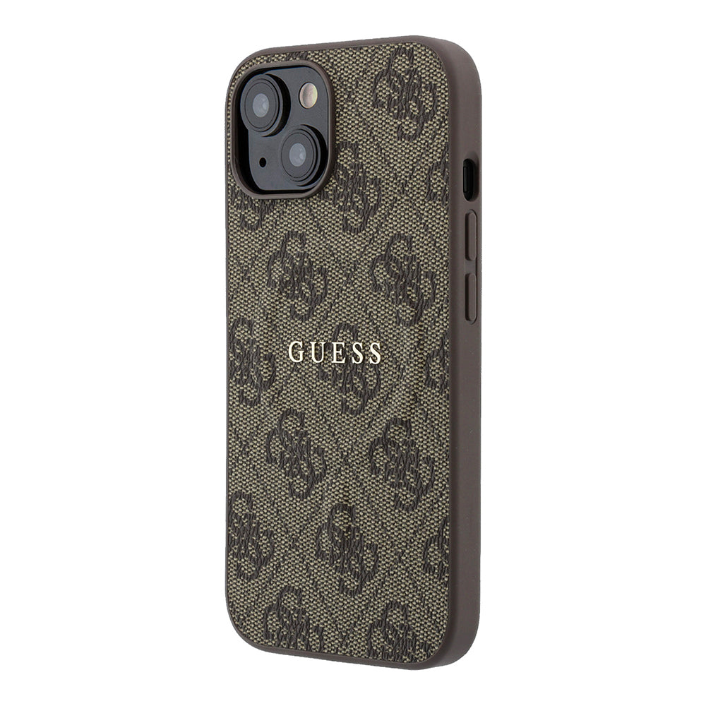 Apple iPhone 15 Kılıf Guess Orjinal Lisanslı M-safe Kabartmalı 4G Desenli Yazı Logolu Kapak Kahverengi