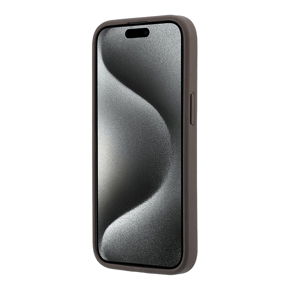 Apple iPhone 15 Kılıf Guess Orjinal Lisanslı M-safe Kabartmalı 4G Desenli Yazı Logolu Kapak Kahverengi