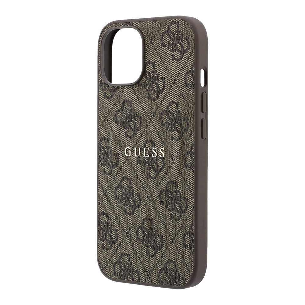 Apple iPhone 15 Kılıf Guess Orjinal Lisanslı M-safe Kabartmalı 4G Desenli Yazı Logolu Kapak Kahverengi