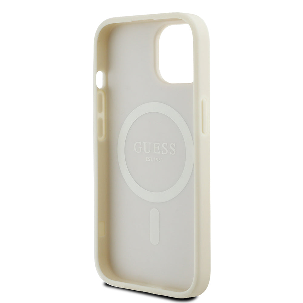 Apple iPhone 15 Kılıf Guess Orjinal Lisanslı M-safe Şarj Özellikli Sıcak Baskılı Üçgen Logolu PU Deri Peony Kapak Siyah