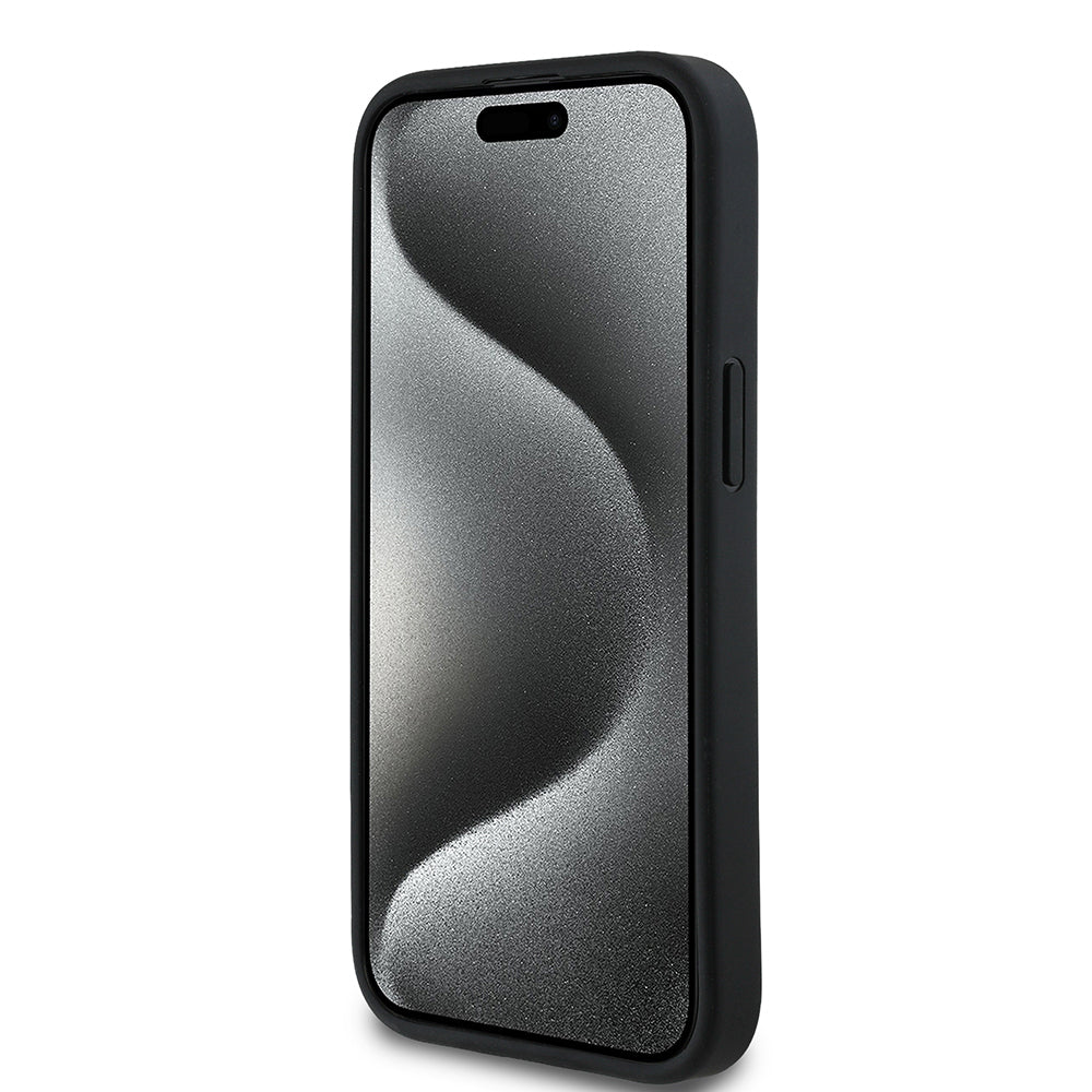 Apple iPhone 15 Kılıf Guess Orjinal Lisanslı M-safe Şarj Özellikli Sıcak Baskılı Üçgen Logolu PU Deri Peony Kapak Siyah