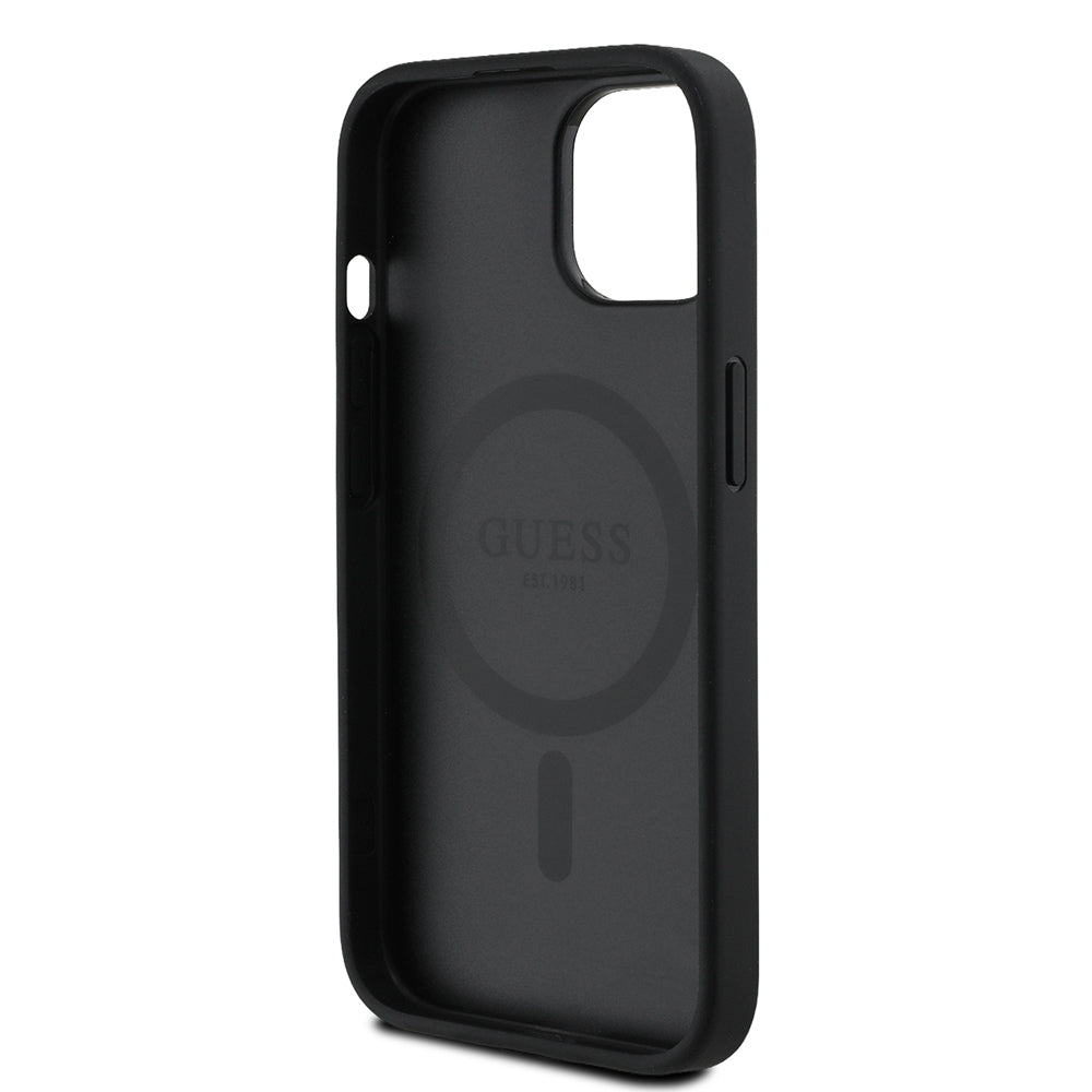 Apple iPhone 15 Kılıf Guess Orjinal Lisanslı M-safe Şarj Özellikli Sıcak Baskılı Üçgen Logolu PU Deri Peony Kapak Siyah