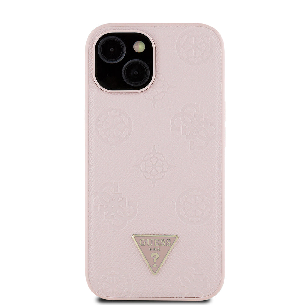 Apple iPhone 15 Kılıf Guess Orjinal Lisanslı M-safe Şarj Özellikli Sıcak Baskılı Üçgen Logolu PU Deri Peony Kapak Siyah