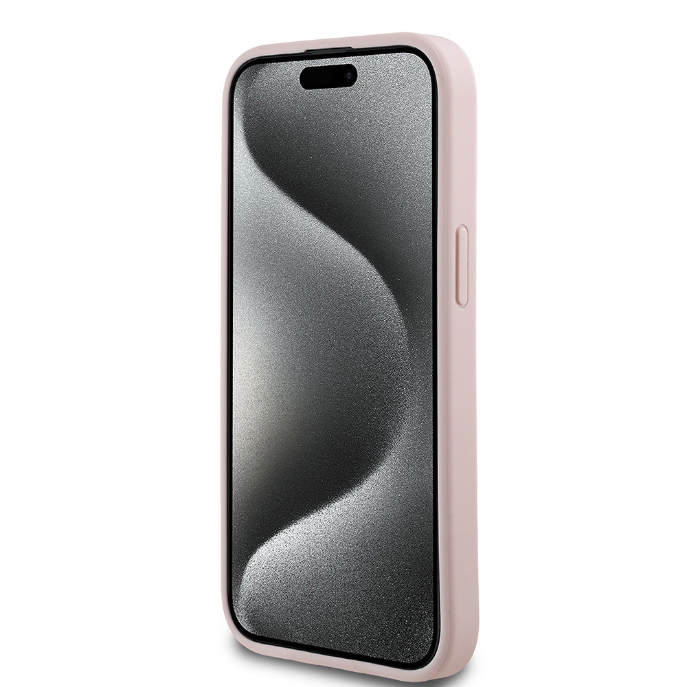 Apple iPhone 15 Kılıf Guess Orjinal Lisanslı M-safe Şarj Özellikli Sıcak Baskılı Üçgen Logolu PU Deri Peony Kapak Siyah