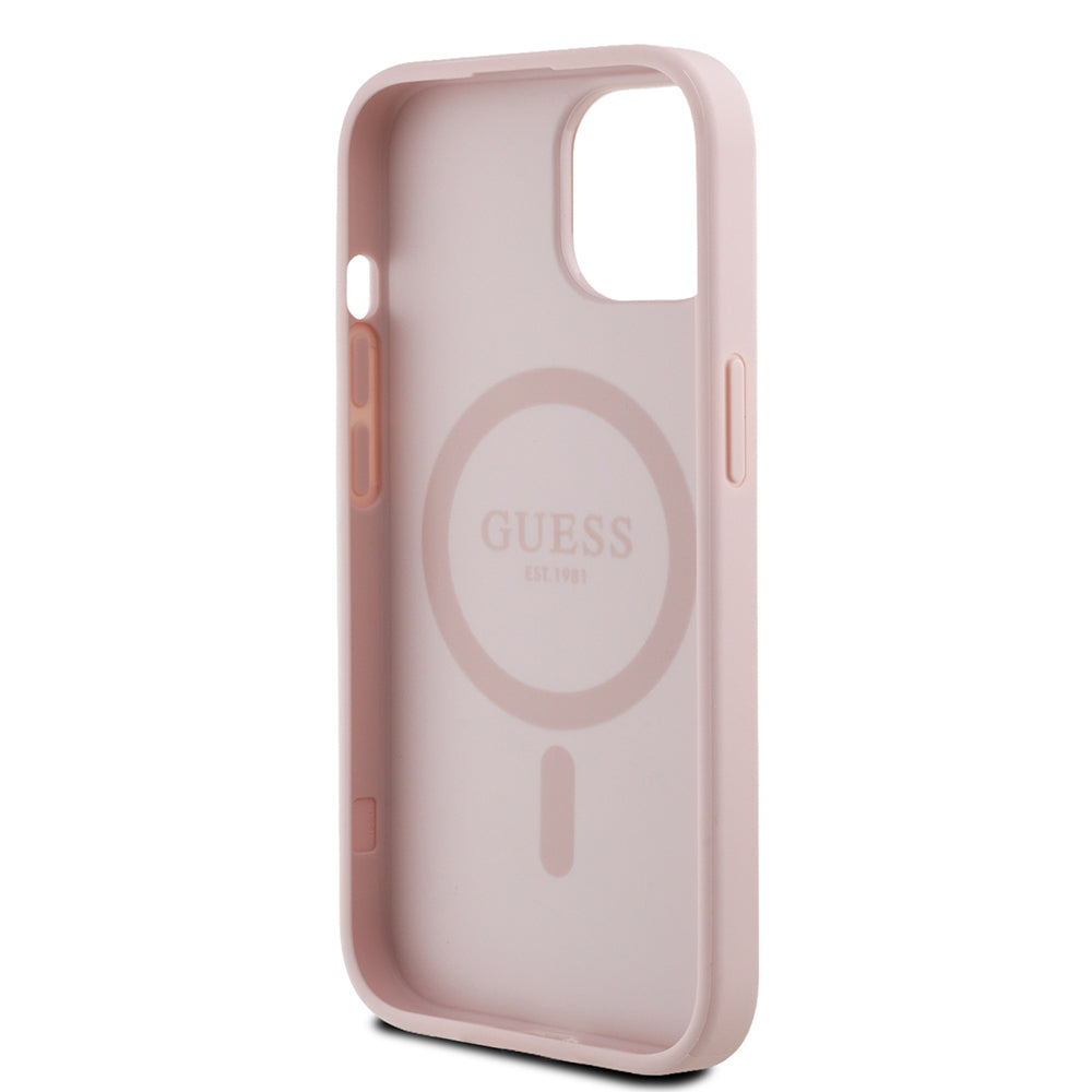 Apple iPhone 15 Kılıf Guess Orjinal Lisanslı M-safe Şarj Özellikli Sıcak Baskılı Üçgen Logolu PU Deri Peony Kapak Siyah