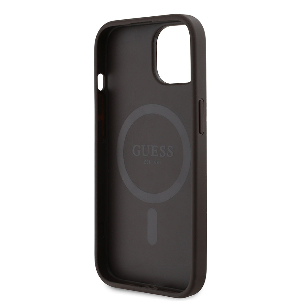 Apple iPhone 15 Kılıf Guess Orjinal Lisanslı Magsafe Şarj Özellikli PU Üçgen Logo 4G Desenli Kapak Kahverengi
