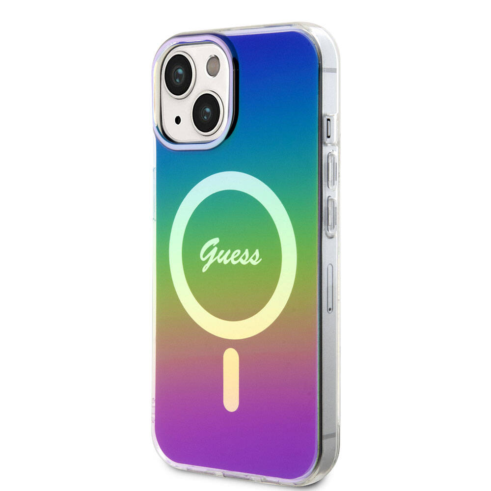 Apple iPhone 15 Kılıf Guess Orjinal Lisanslı Magsafe Şarj Özellikli Yazı Logolu Iridescent Kapak Siyah
