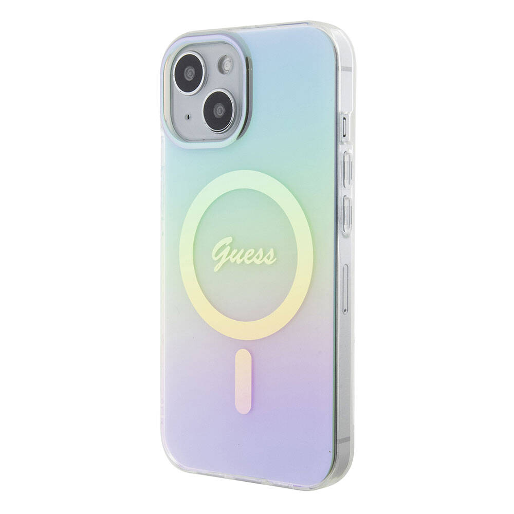 Apple iPhone 15 Kılıf Guess Orjinal Lisanslı Magsafe Şarj Özellikli Yazı Logolu Iridescent Kapak Siyah