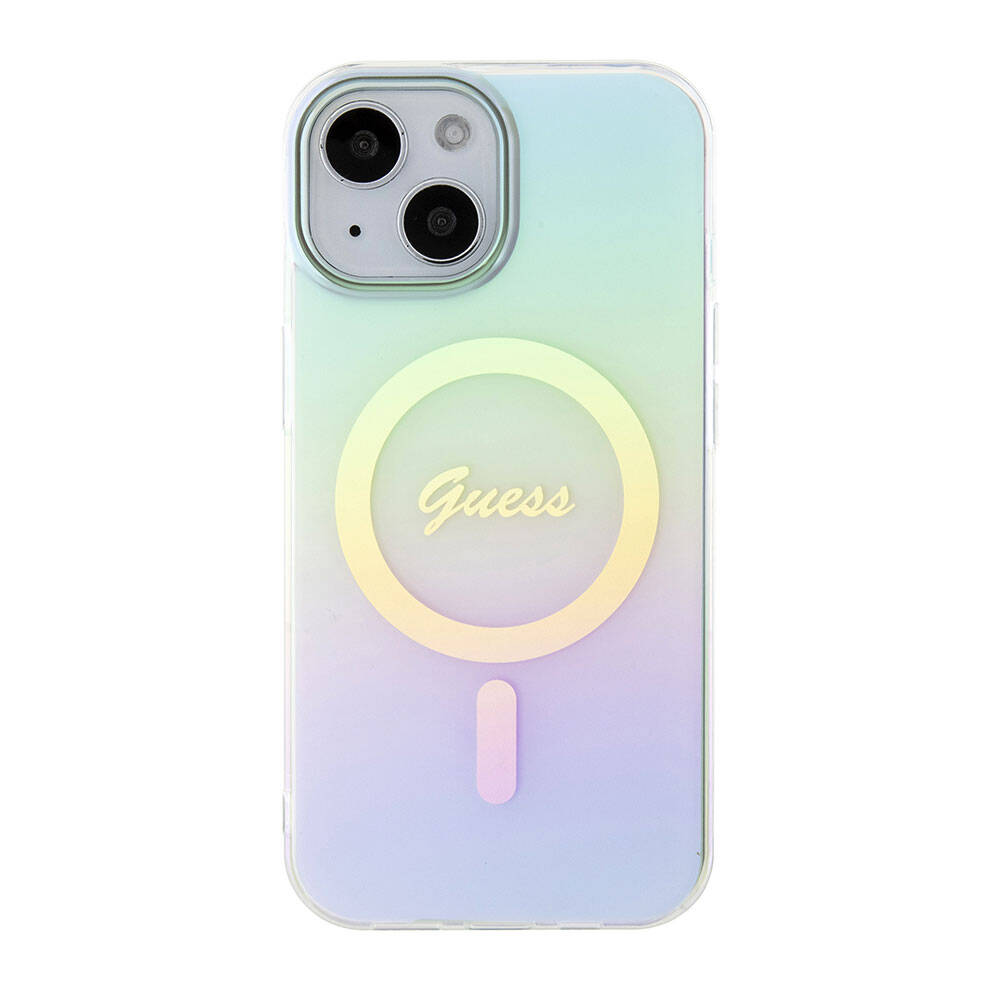 Apple iPhone 15 Kılıf Guess Orjinal Lisanslı Magsafe Şarj Özellikli Yazı Logolu Iridescent Kapak Siyah