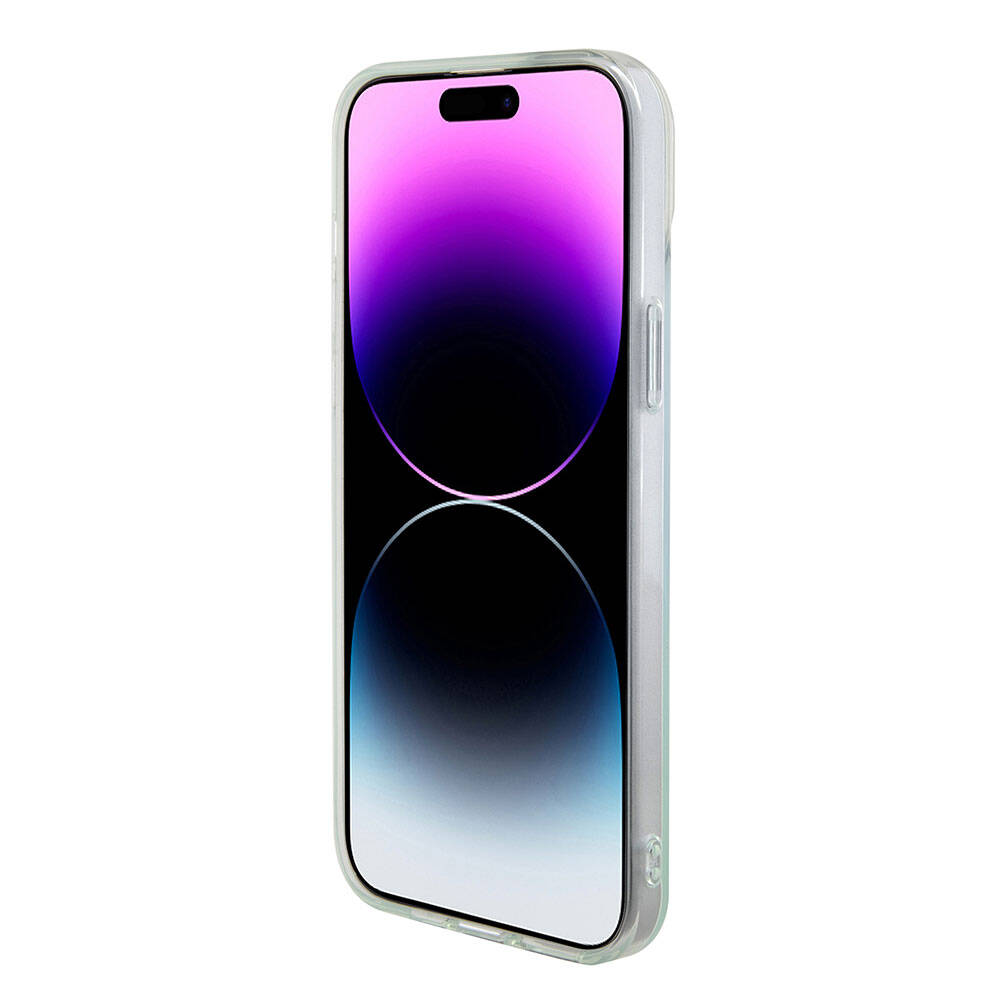 Apple iPhone 15 Kılıf Guess Orjinal Lisanslı Magsafe Şarj Özellikli Yazı Logolu Iridescent Kapak Siyah
