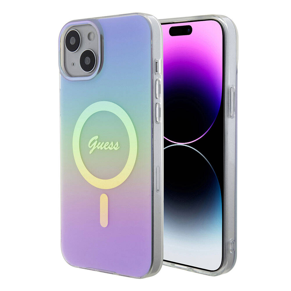 Apple iPhone 15 Kılıf Guess Orjinal Lisanslı Magsafe Şarj Özellikli Yazı Logolu Iridescent Kapak Siyah