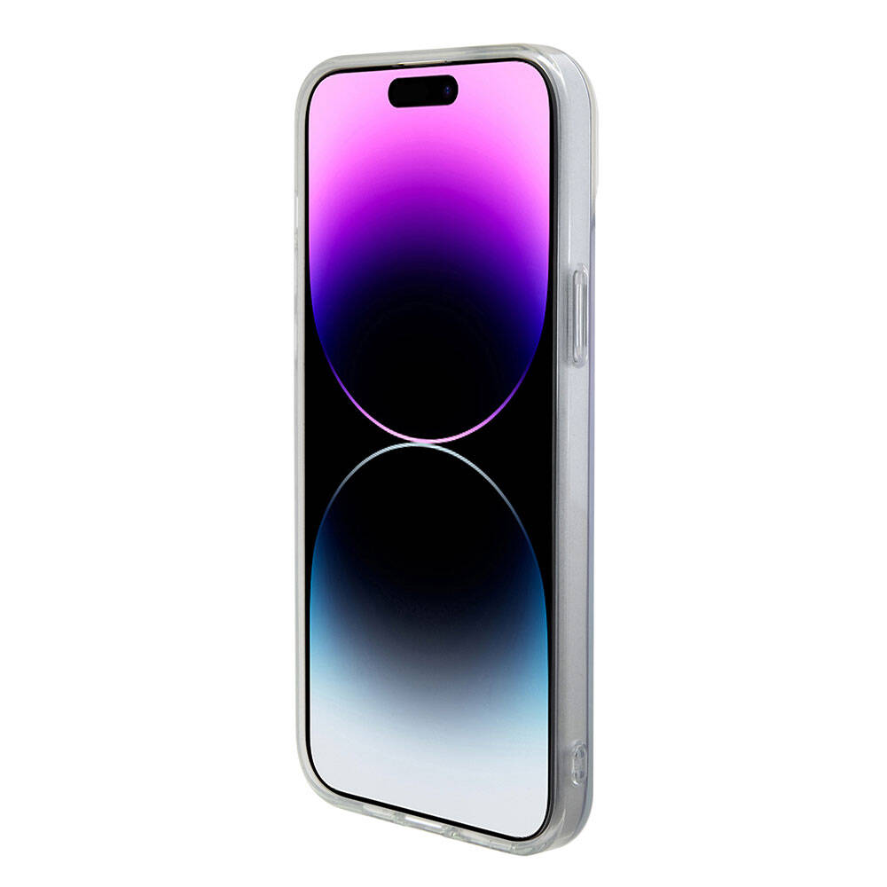 Apple iPhone 15 Kılıf Guess Orjinal Lisanslı Magsafe Şarj Özellikli Yazı Logolu Iridescent Kapak Siyah