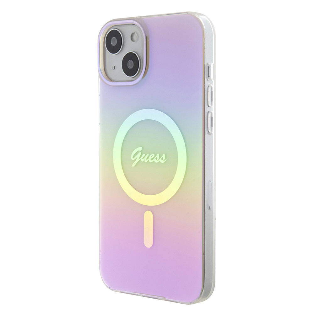 Apple iPhone 15 Kılıf Guess Orjinal Lisanslı Magsafe Şarj Özellikli Yazı Logolu Iridescent Kapak Siyah