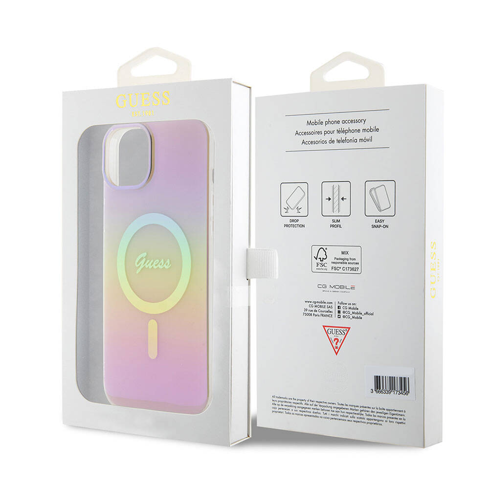Apple iPhone 15 Kılıf Guess Orjinal Lisanslı Magsafe Şarj Özellikli Yazı Logolu Iridescent Kapak Siyah
