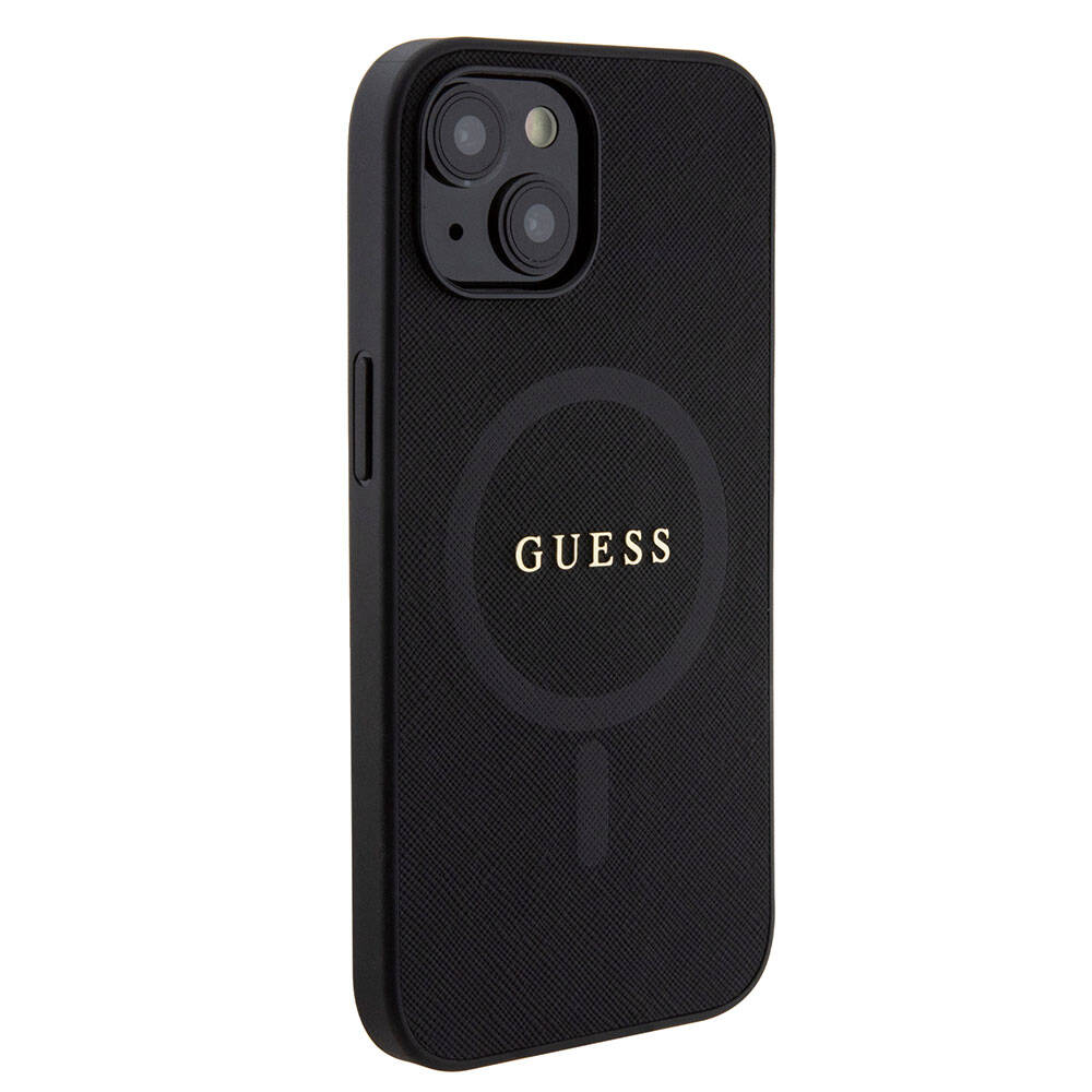 Apple iPhone 15 Kılıf Guess Orjinal Lisanslı Magsafe Şarj Özellikli Yazı Logolu Saffiano Kapak Siyah