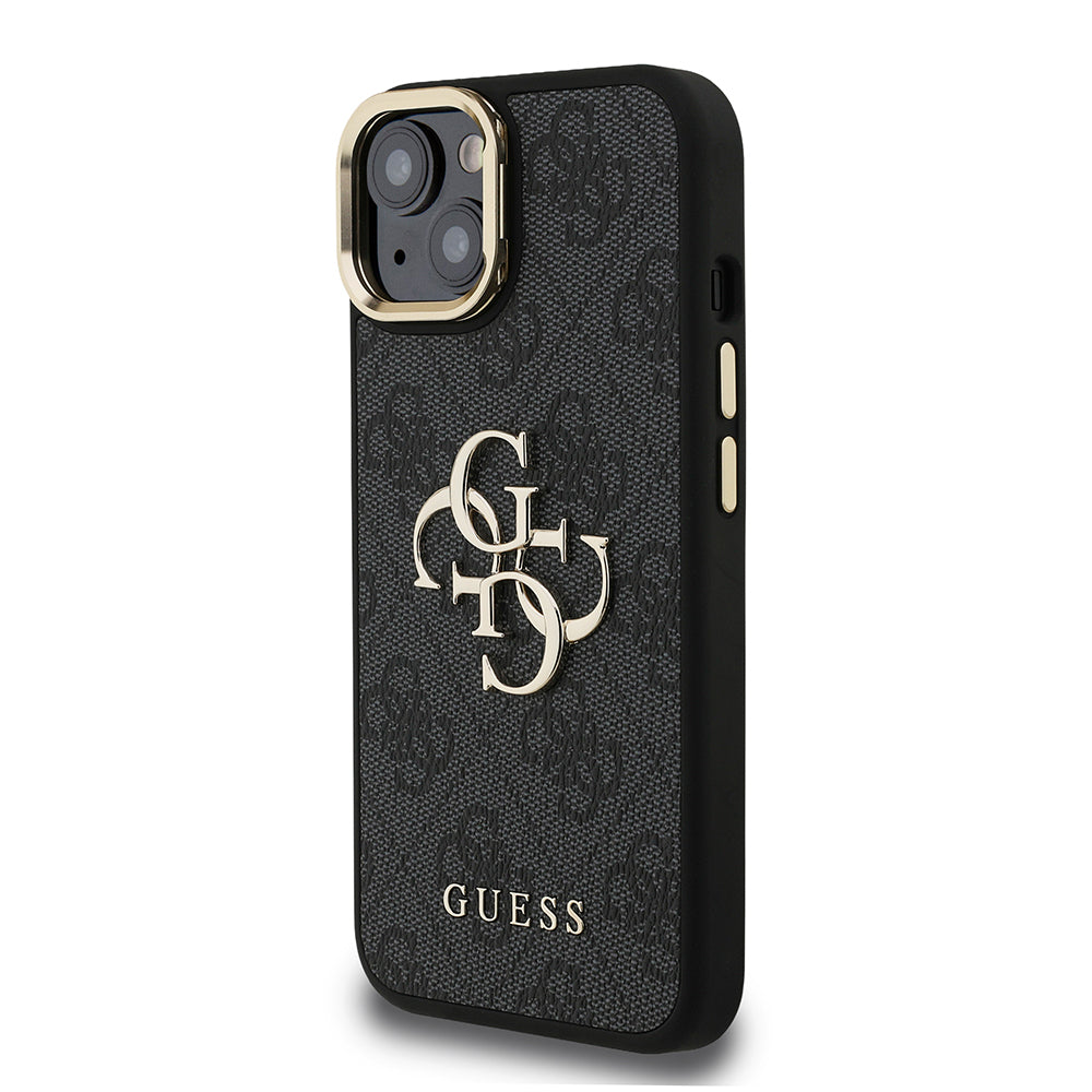 Apple iPhone 15 Kılıf Guess Orjinal Lisanslı PU Deri 4G Desenli Metal Büyük 4G ve Yazı Logolu Kamera Standlı Kapak Siyah